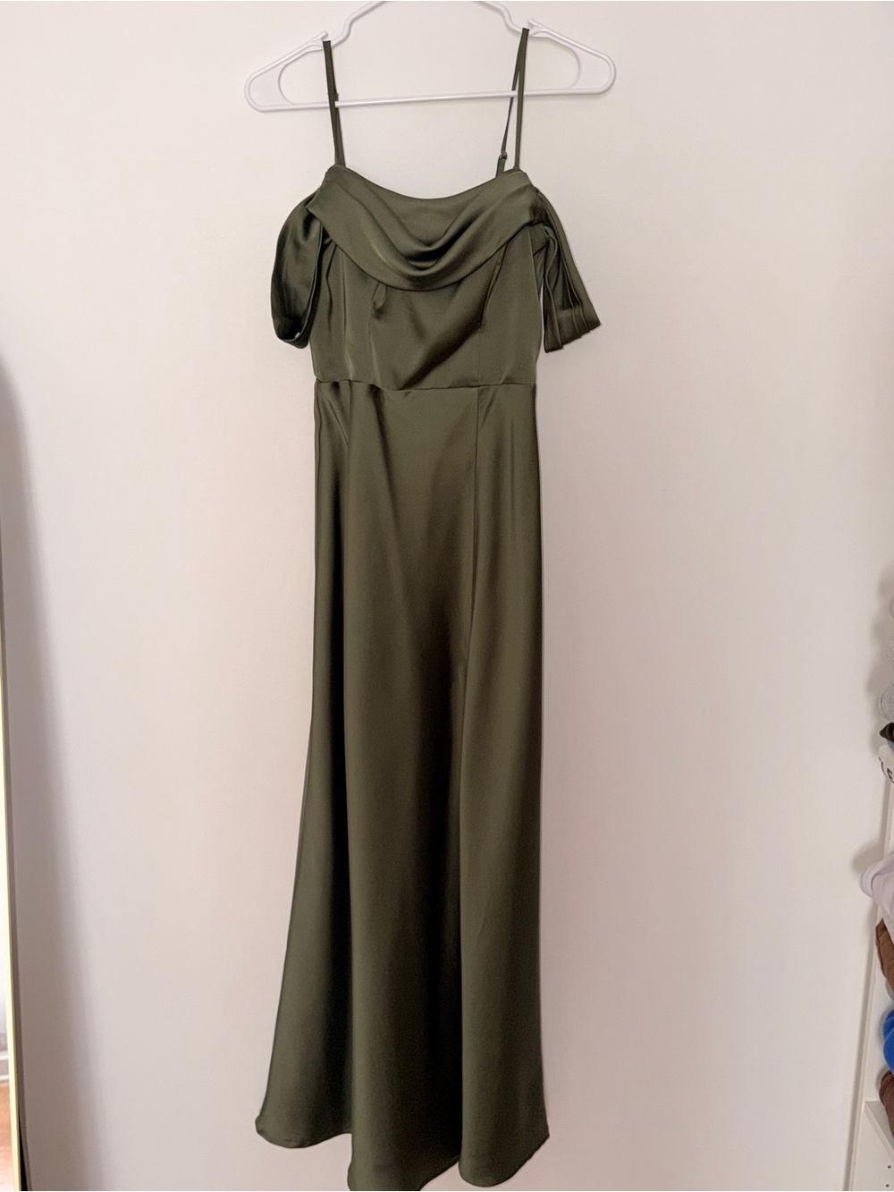 Olive Green Satin Off-Shoulder Maxi Dress